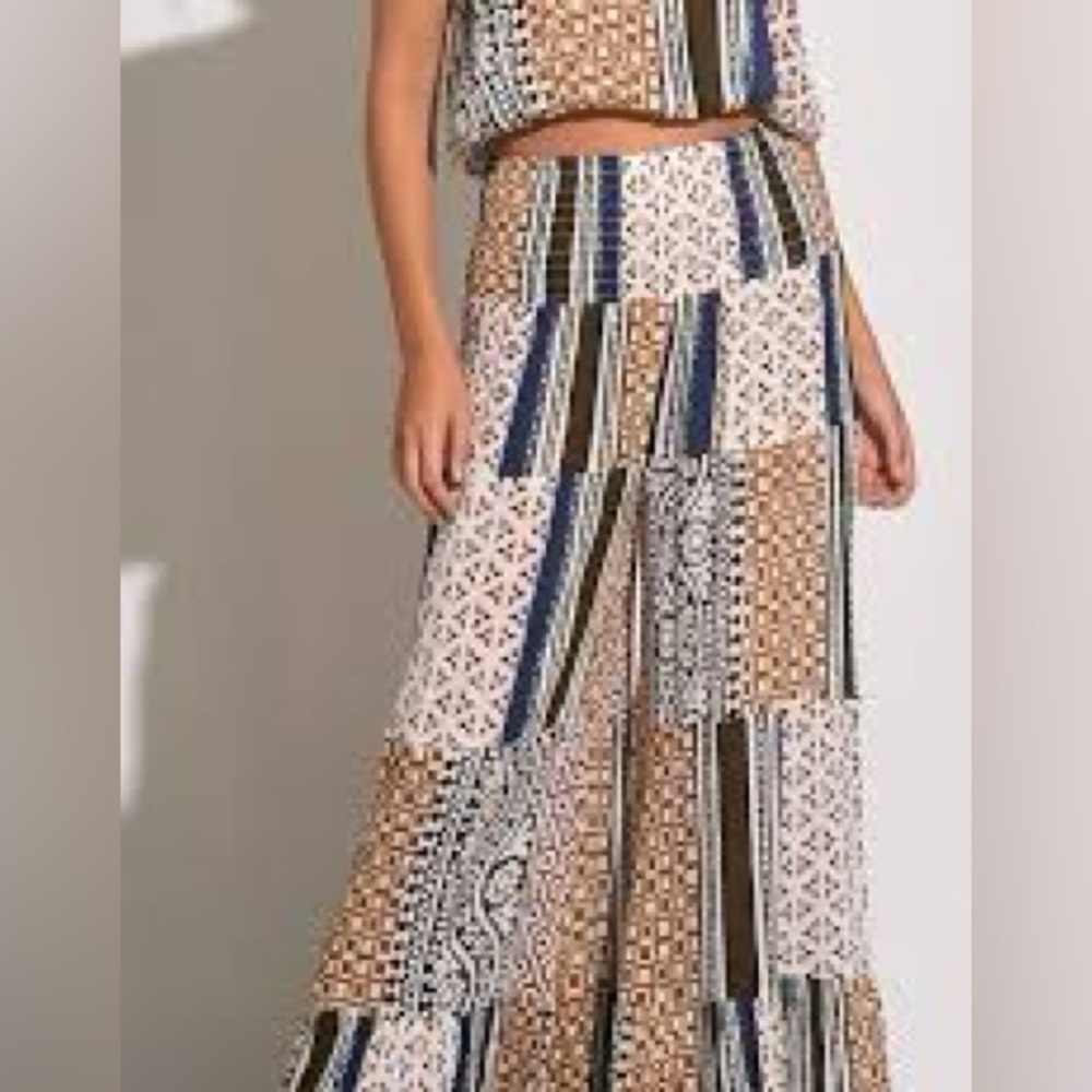 Elan Multicolor Printed Wide Leg Ruffle Pants Boho Large